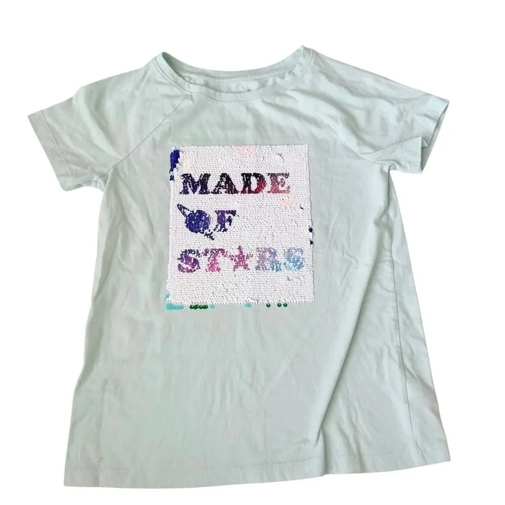 Cat & Jack Girls' Blue Reverse Sequin Star Globe T-Shirt Size L 10/12
